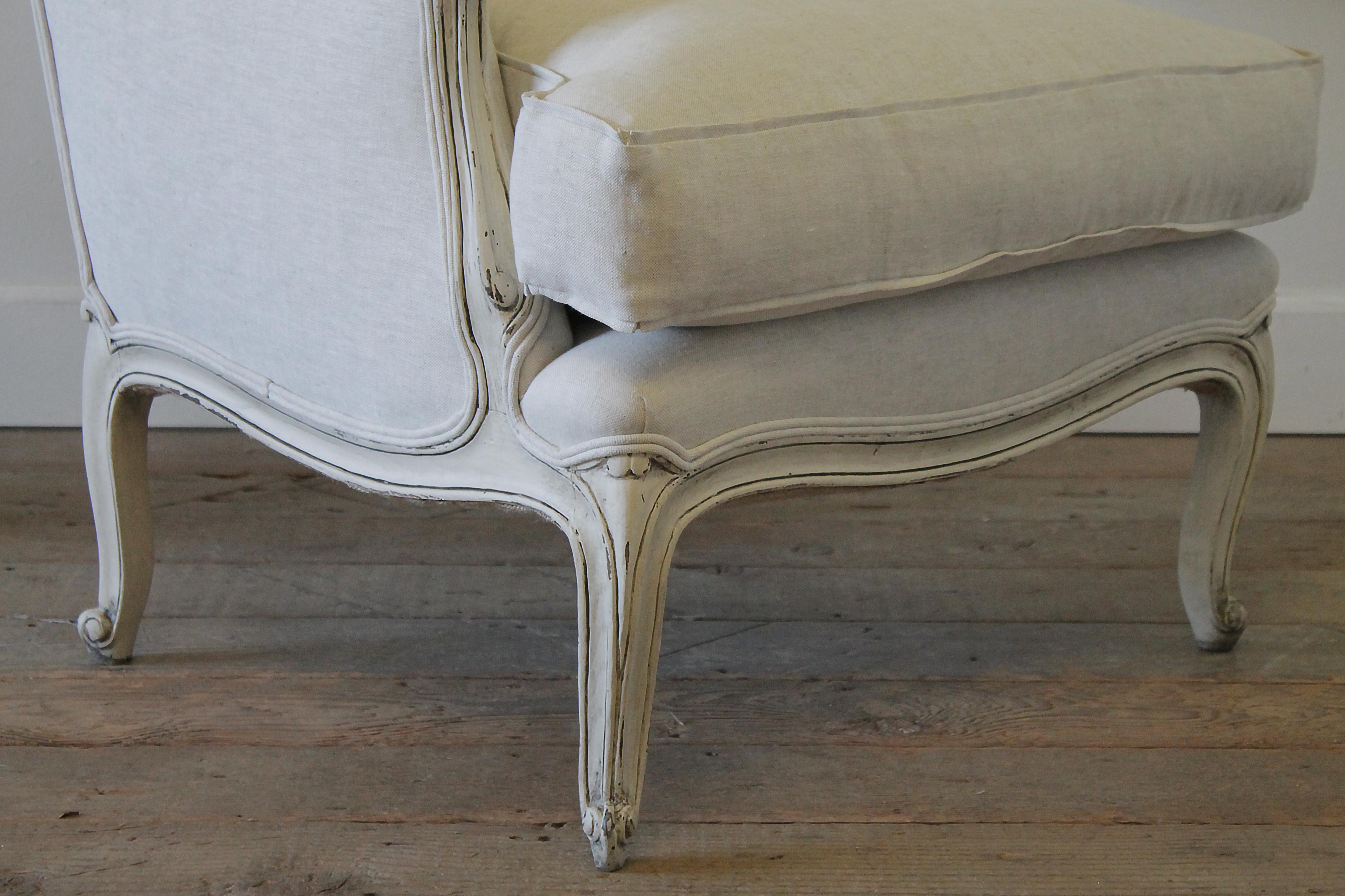 Vintage French Provincial Wingback Style Chair Upholstered in Natural Linen 7