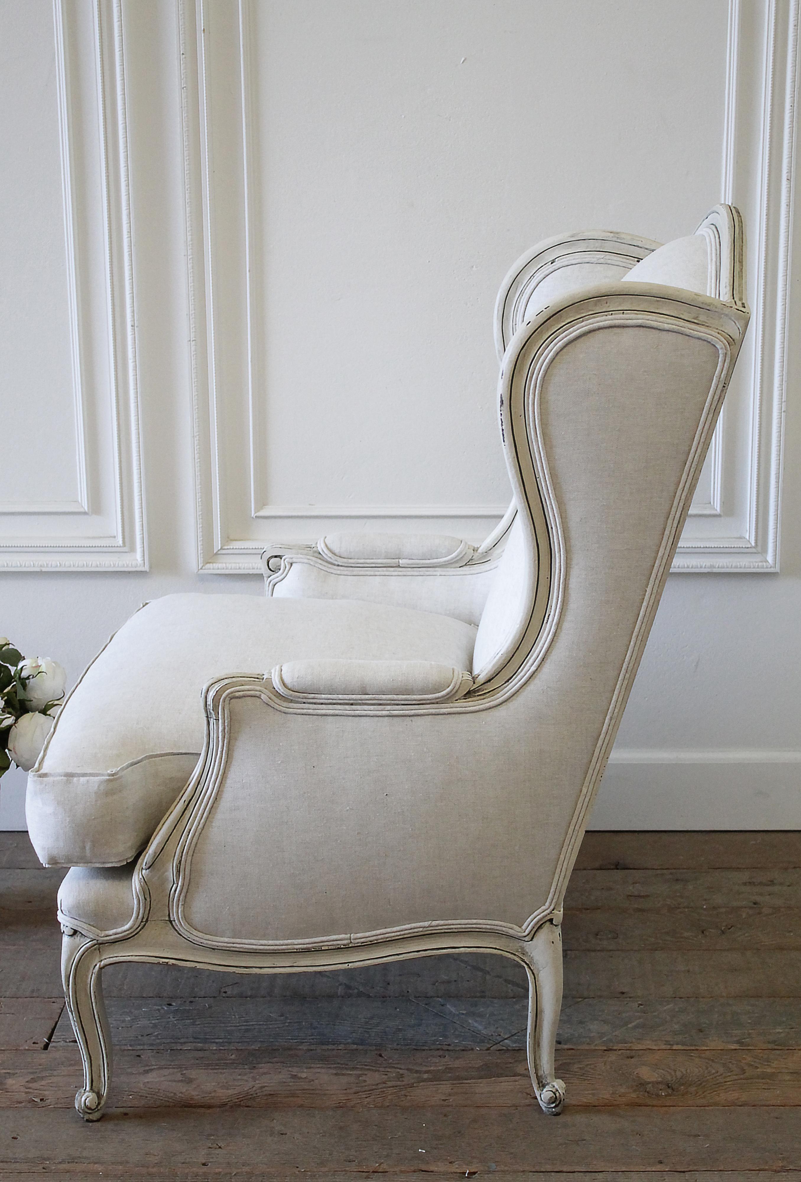 Vintage French Provincial Wingback Style Chair Upholstered in Natural Linen 1