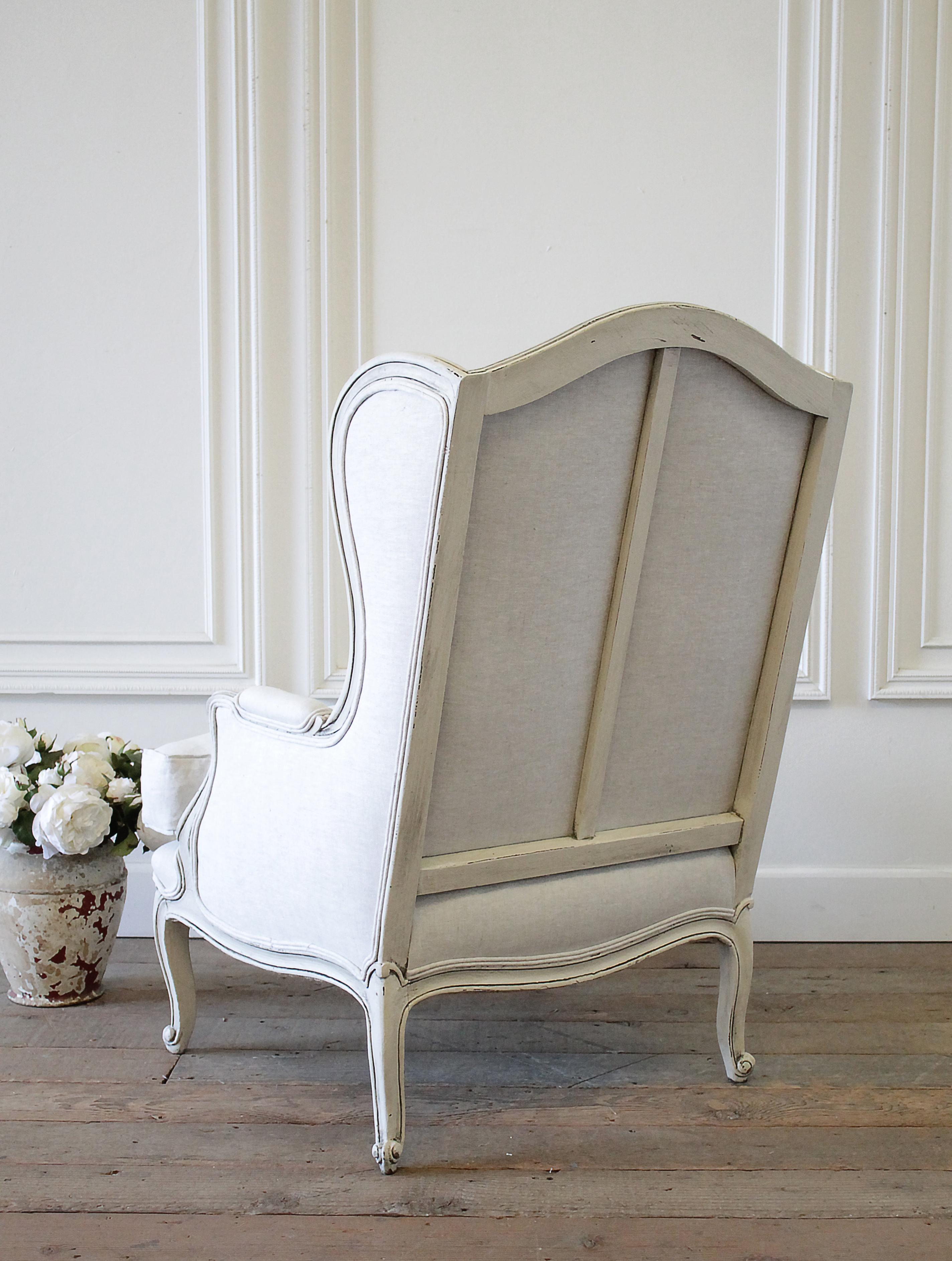 Vintage French Provincial Wingback Style Chair Upholstered in Natural Linen 2