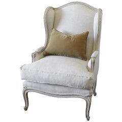 Vintage French Provincial Wingback Style Chair Upholstered in Natural Linen