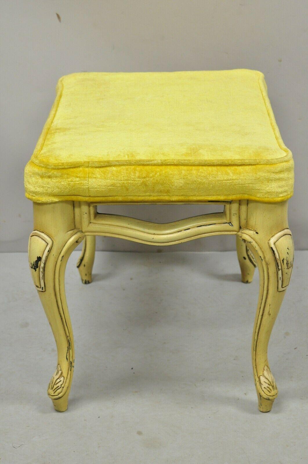 Vintage French Provincial Yellow Painted Cabriole Leg Vanity Bench Seat For Sale 3