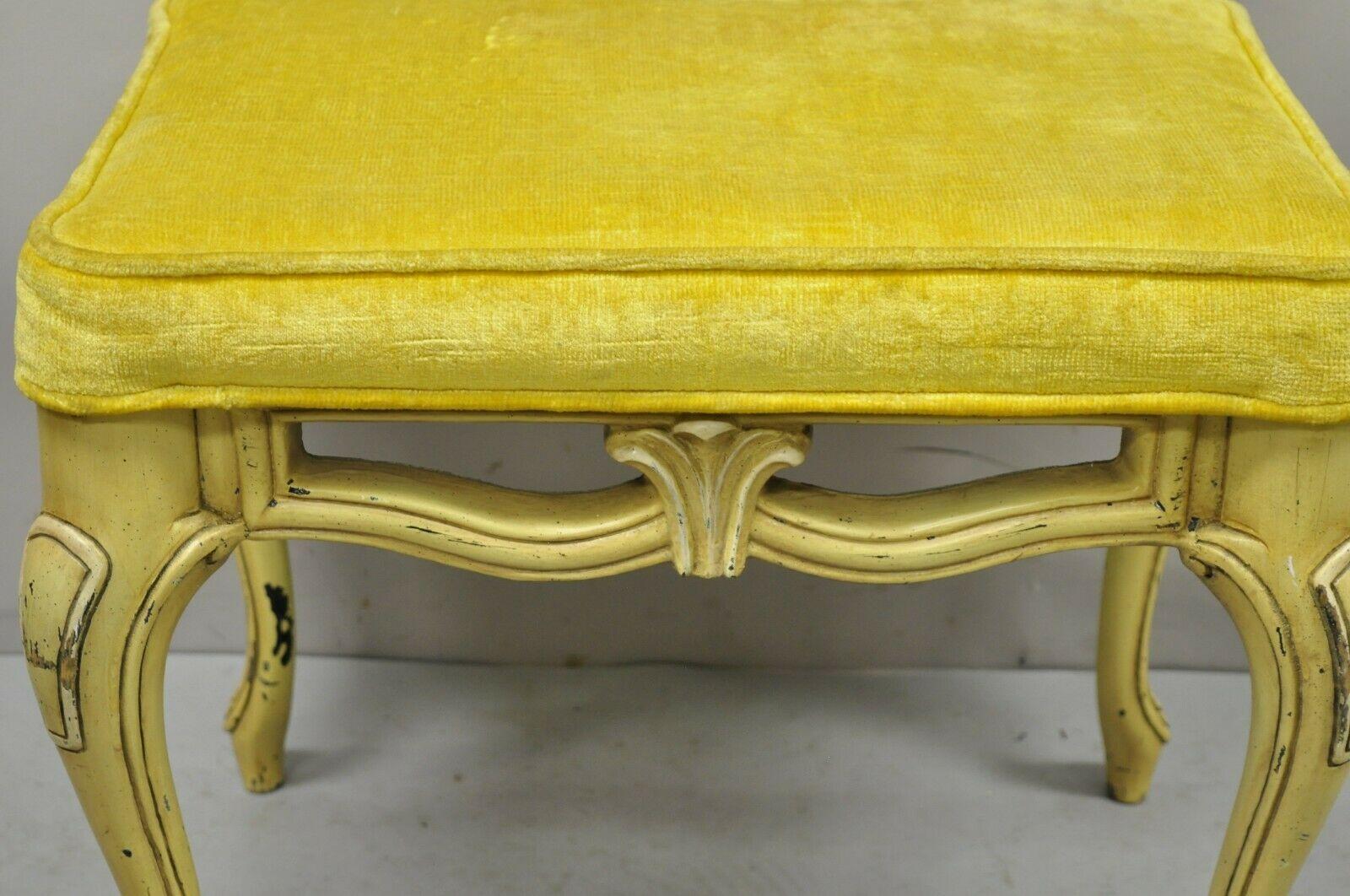 American Vintage French Provincial Yellow Painted Cabriole Leg Vanity Bench Seat For Sale