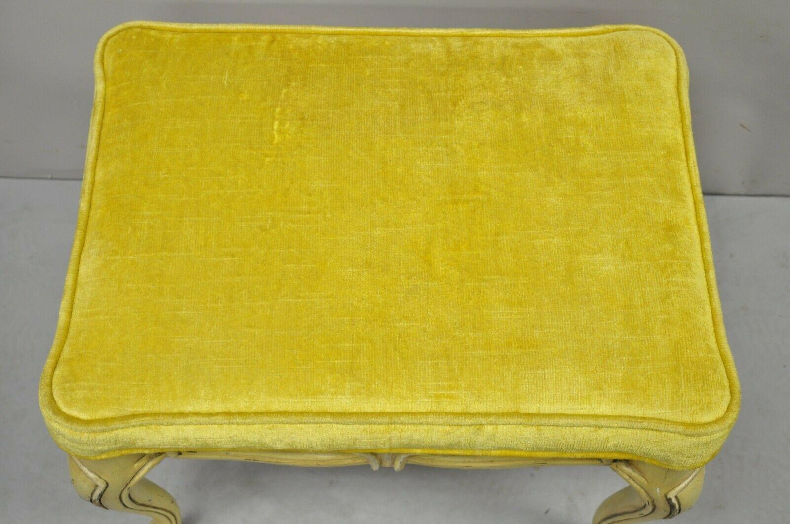 Vintage French Provincial Yellow Painted Cabriole Leg Vanity Bench Seat For Sale 1