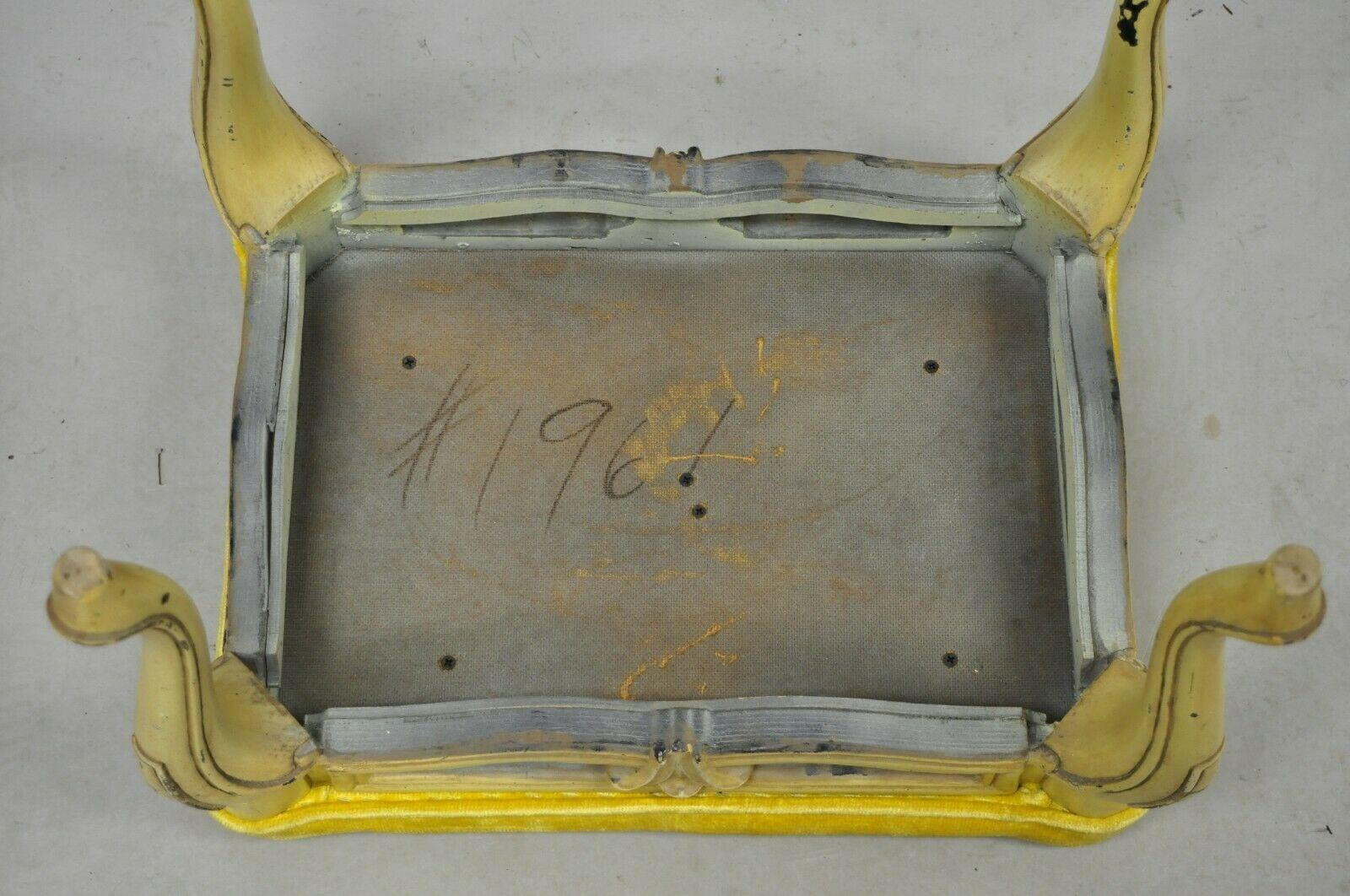 Fabric Vintage French Provincial Yellow Painted Cabriole Leg Vanity Bench Seat