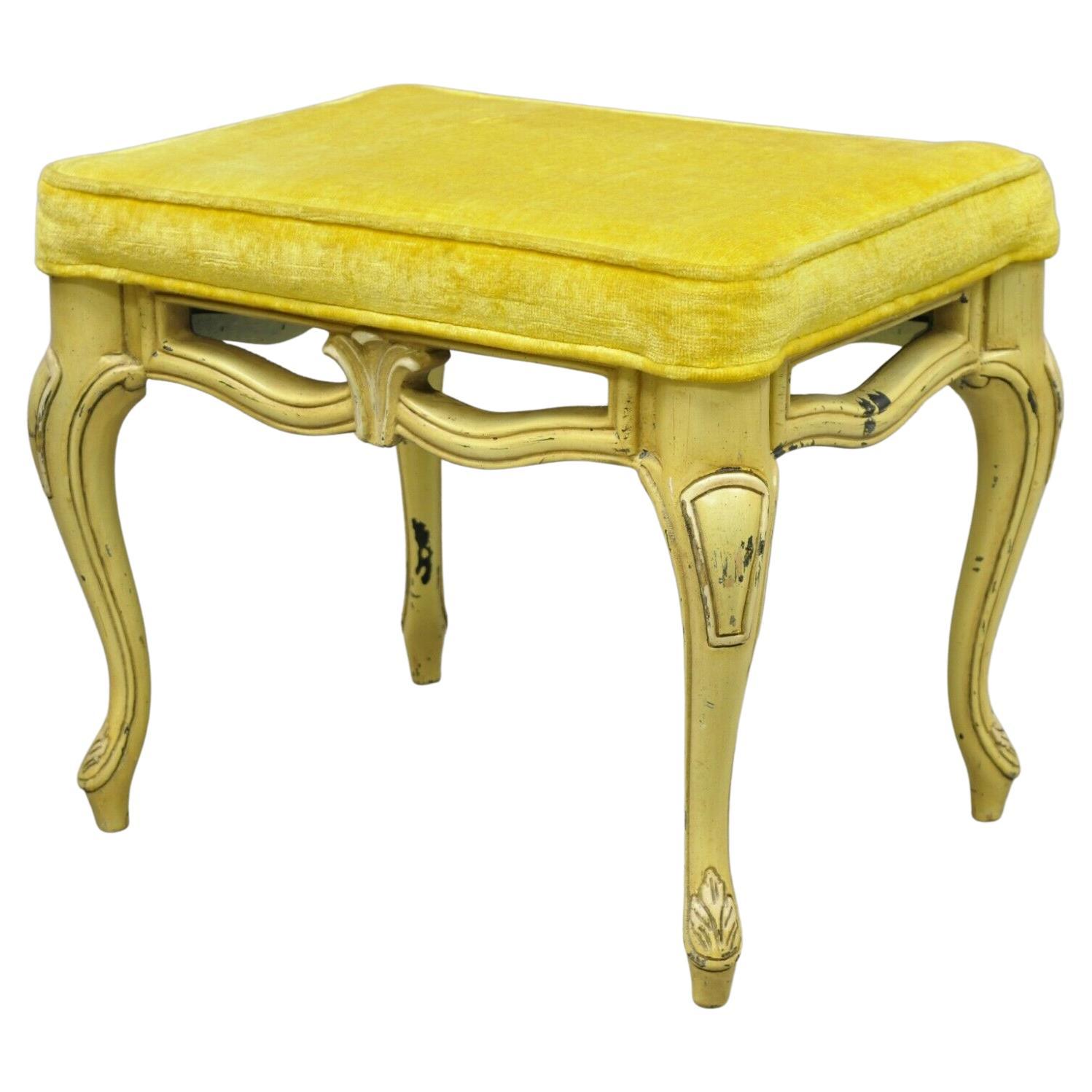 Vintage French Provincial Yellow Painted Cabriole Leg Vanity Bench Seat For Sale