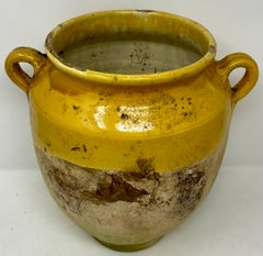 Vintage French Provincial Yellow Terracotta Glazed Confit Pottery Jar w/ Handles