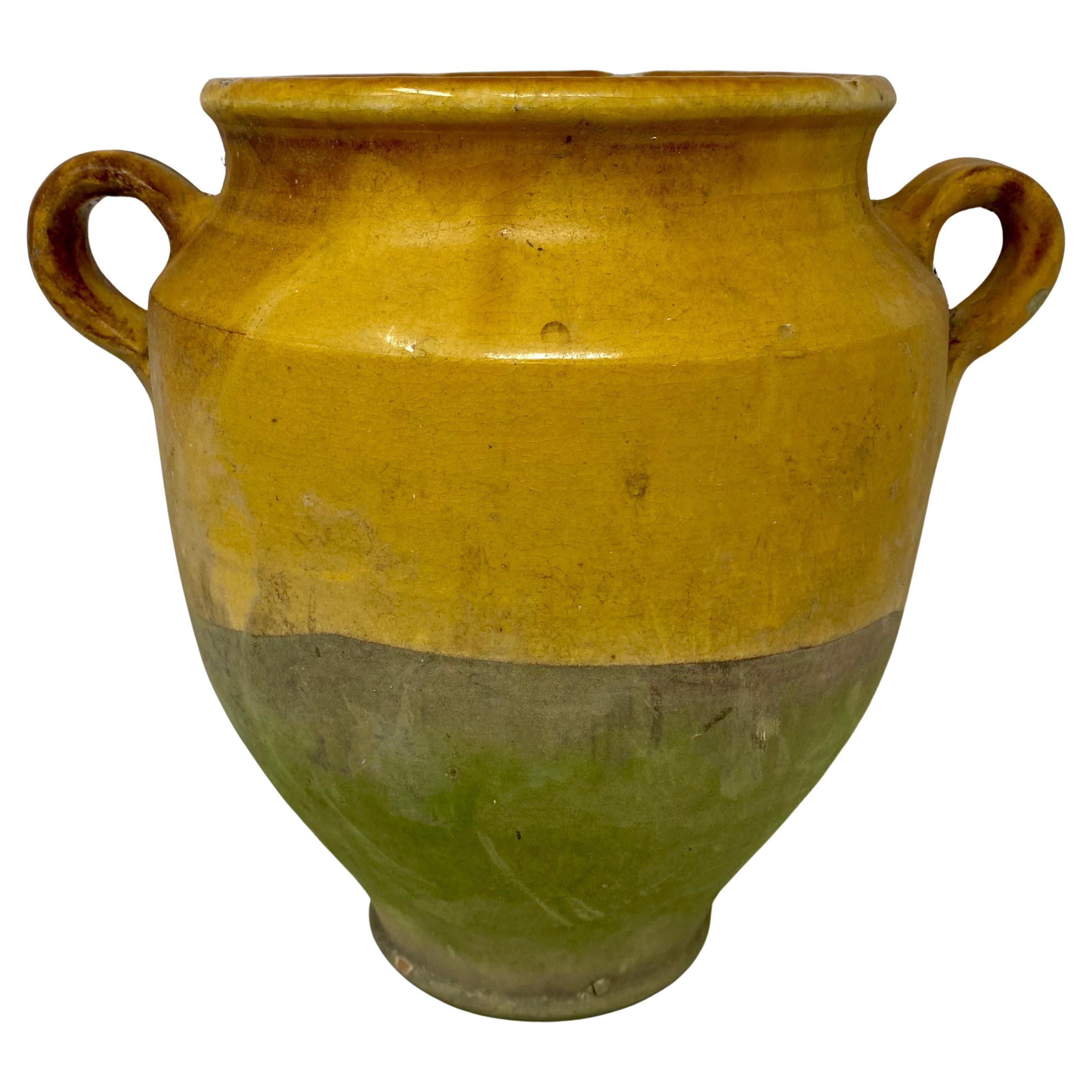 Vintage French Provincial Yellow Terracotta Glazed Confit Pottery Jar w/ Handles For Sale