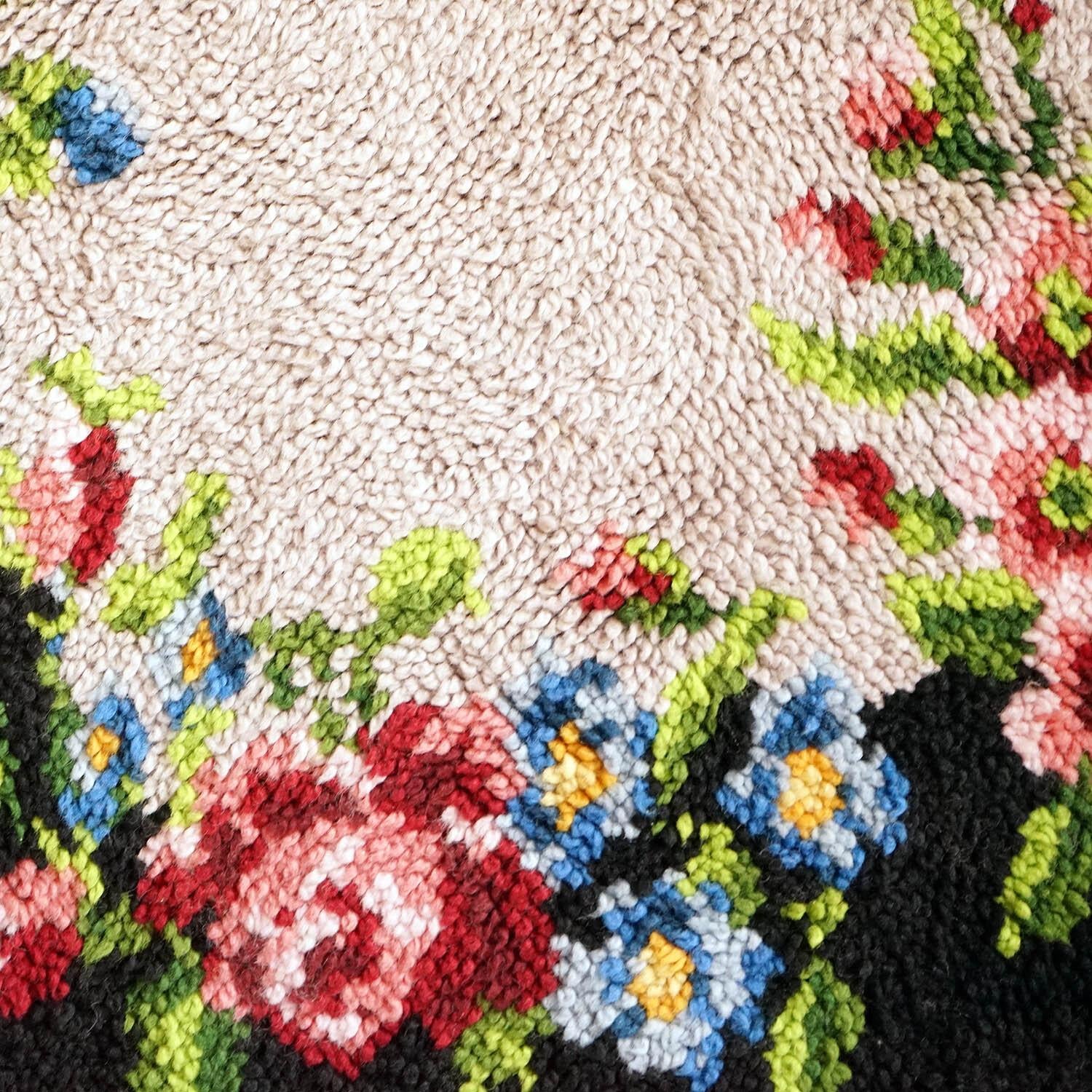 20th Century Vintage French Pure Wool Handmade Latch Hook Floral Rug, 1940s