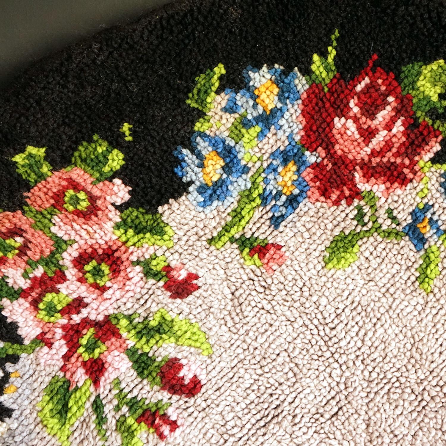 Vintage Oval Latch Hook Carpet

The central cream section is bordered by an abundance of flowers and foliage with an outer border of black.

Lovingly hand-made with deep-pile pure new wool.

It is in very good vintage condition, there is some minor