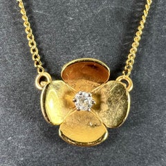 Vintage French Quatrefoil Flower 18K Yellow Gold Diamond Pendant Necklace