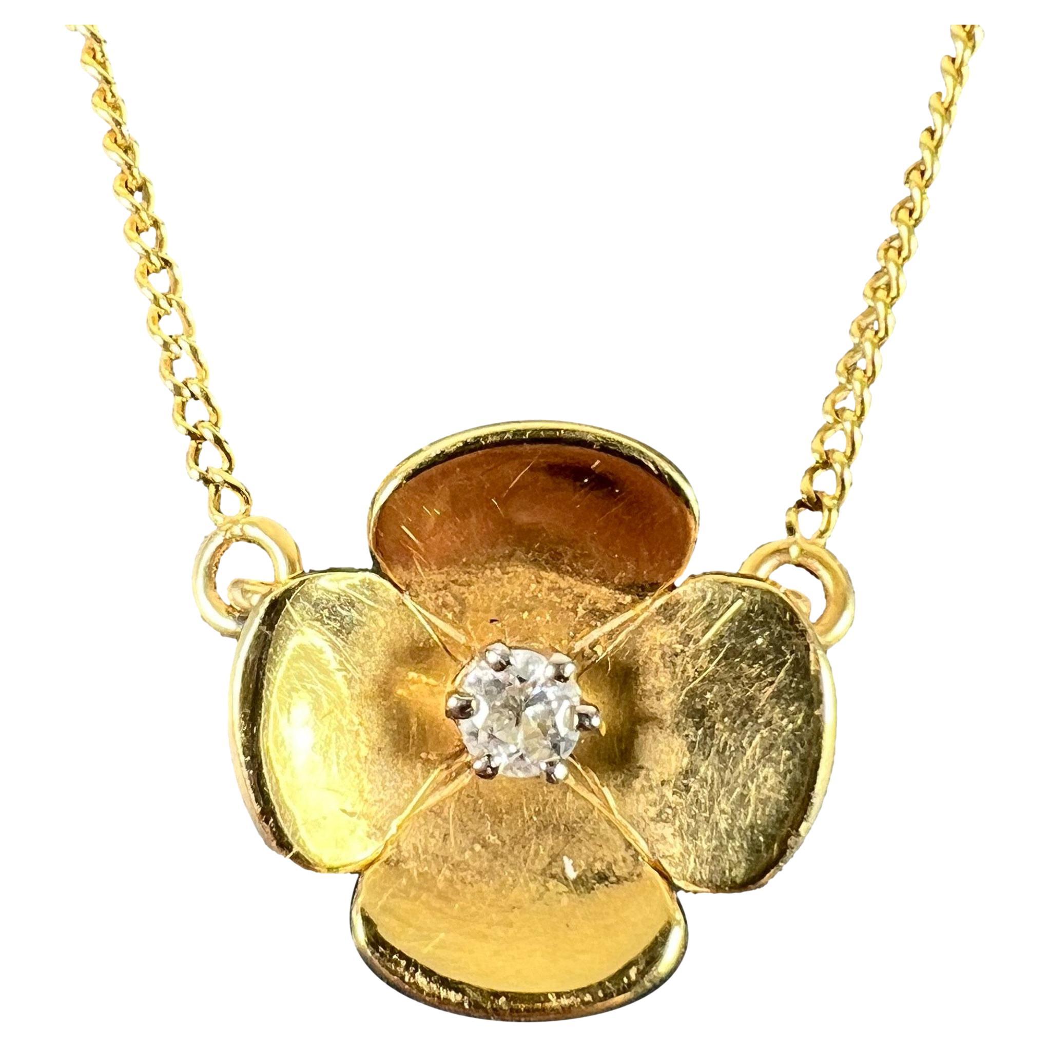 Collar Colgante Vintage Francés Flor Cuatrifoliar Oro Amarillo 18K Diamantes