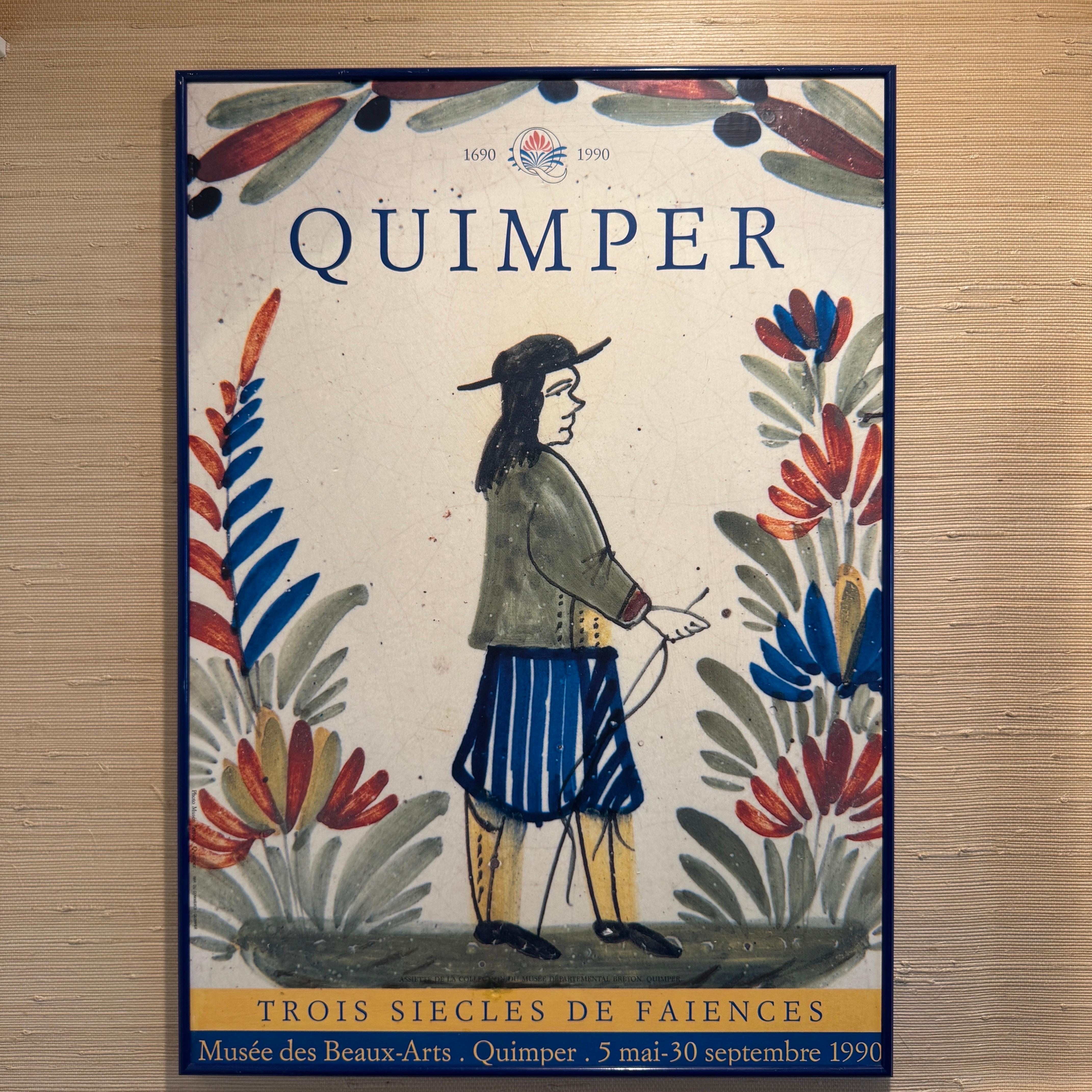 Hand-Crafted Vintage French Quimper Faience in Blue Framed Artwork For Sale