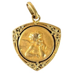 Ciondolo Charm d'epoca in oro giallo 18 carati con Cherubino di Raphael francese "Non ti scordar di me