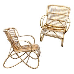 Vintage French Rattan and Bamboo Armchairs, Pair Available
