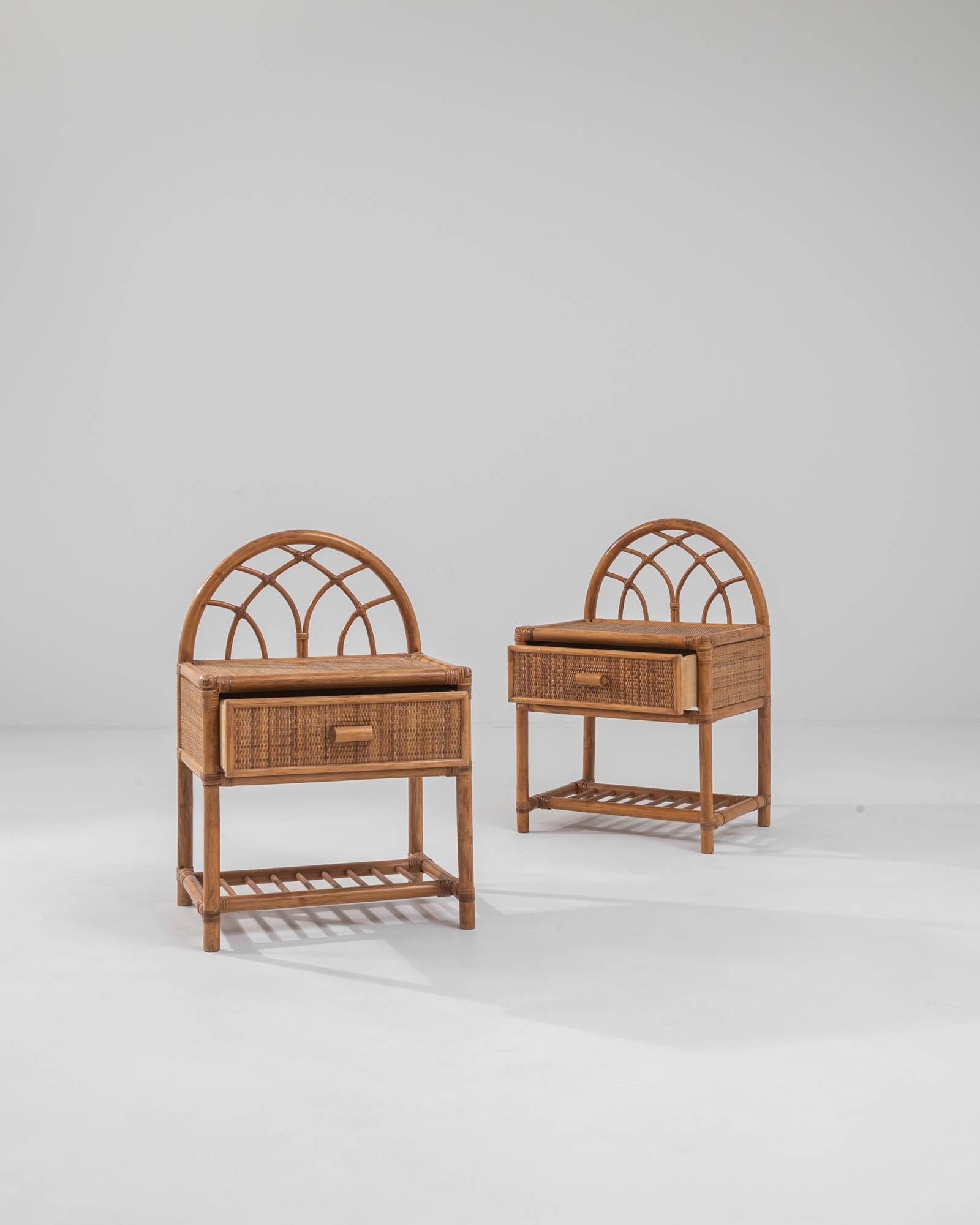 Mid-Century Modern Vintage French Rattan Bedside Tables, a Pair 