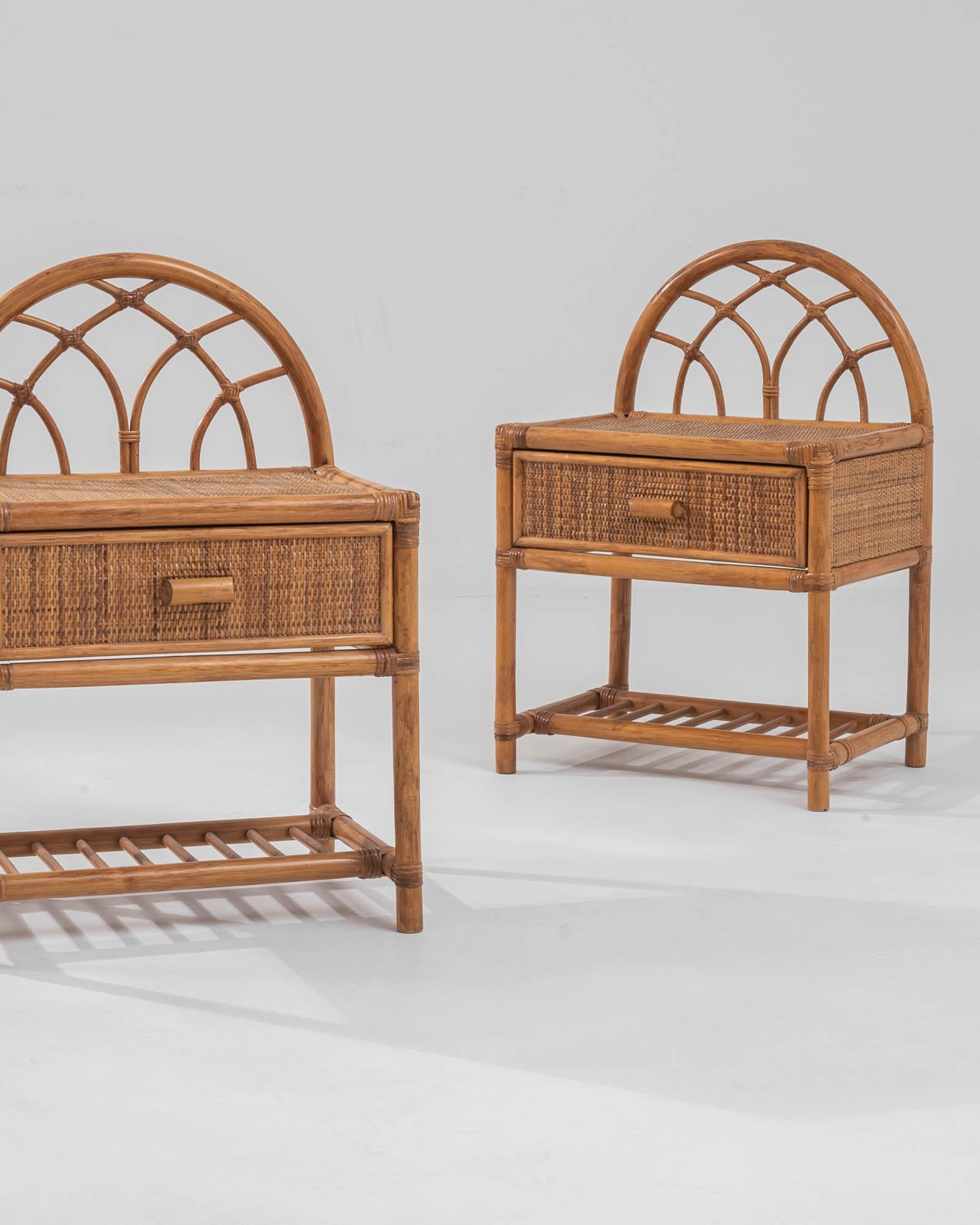 Early 20th Century Vintage French Rattan Bedside Tables, a Pair 