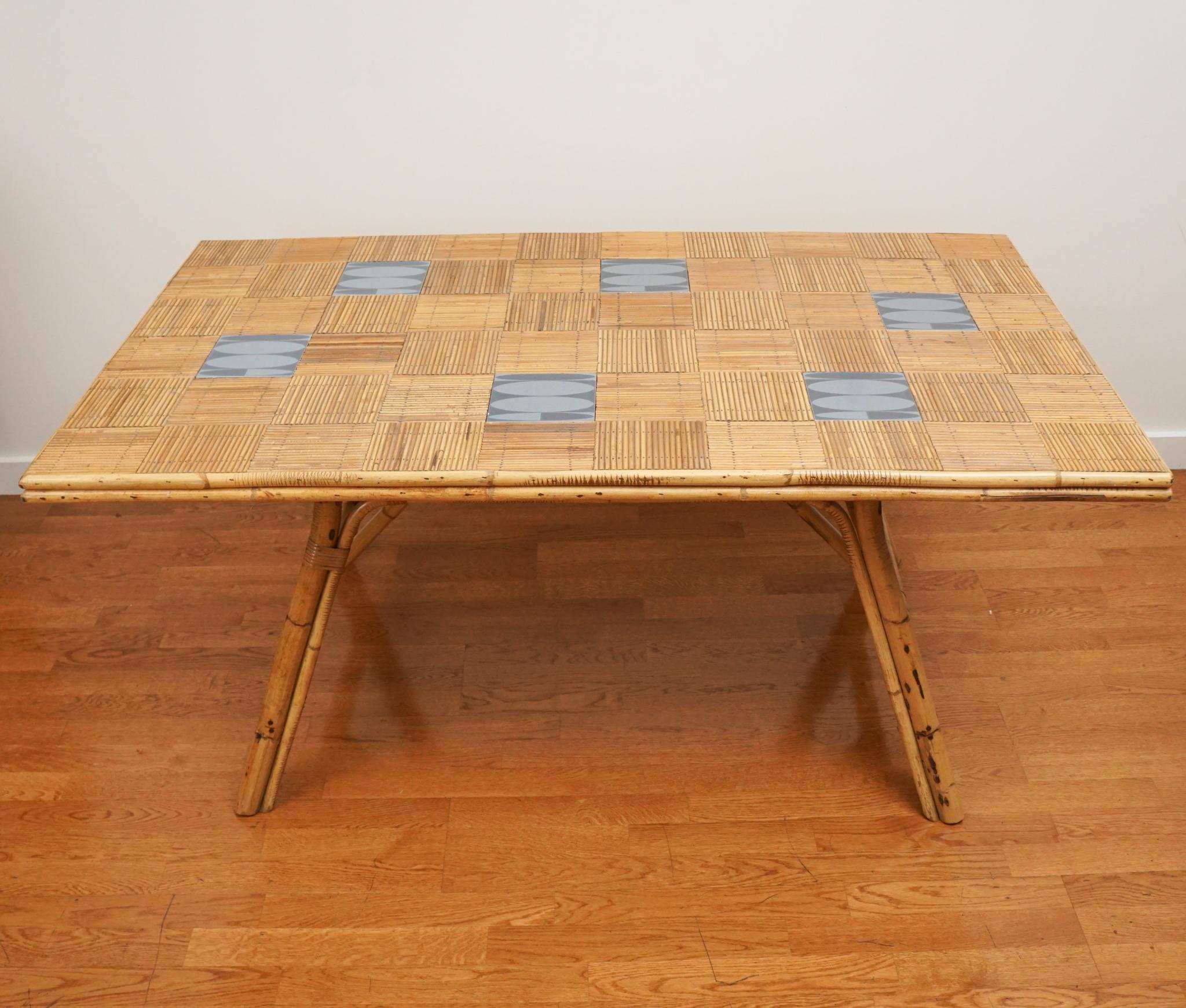 Mid-Century Modern Vintage French Rattan Dining Table with Tile Insets