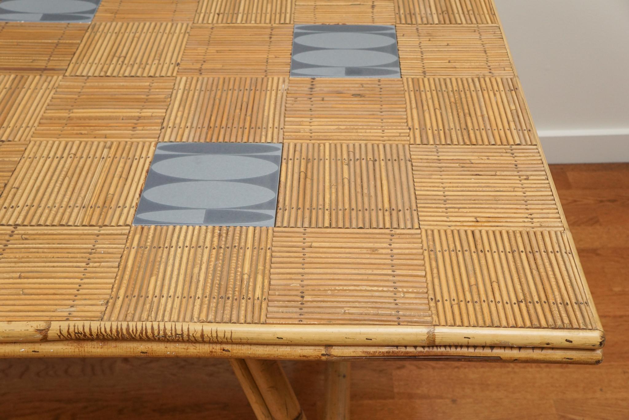 Machine-Made Vintage French Rattan Dining Table with Tile Insets