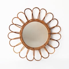 Vintage French Rattan Flower Framed Wall Mirror, C. 1960s
