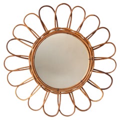 Vintage French Rattan Flower Framed Wall Mirror, C. 1960s