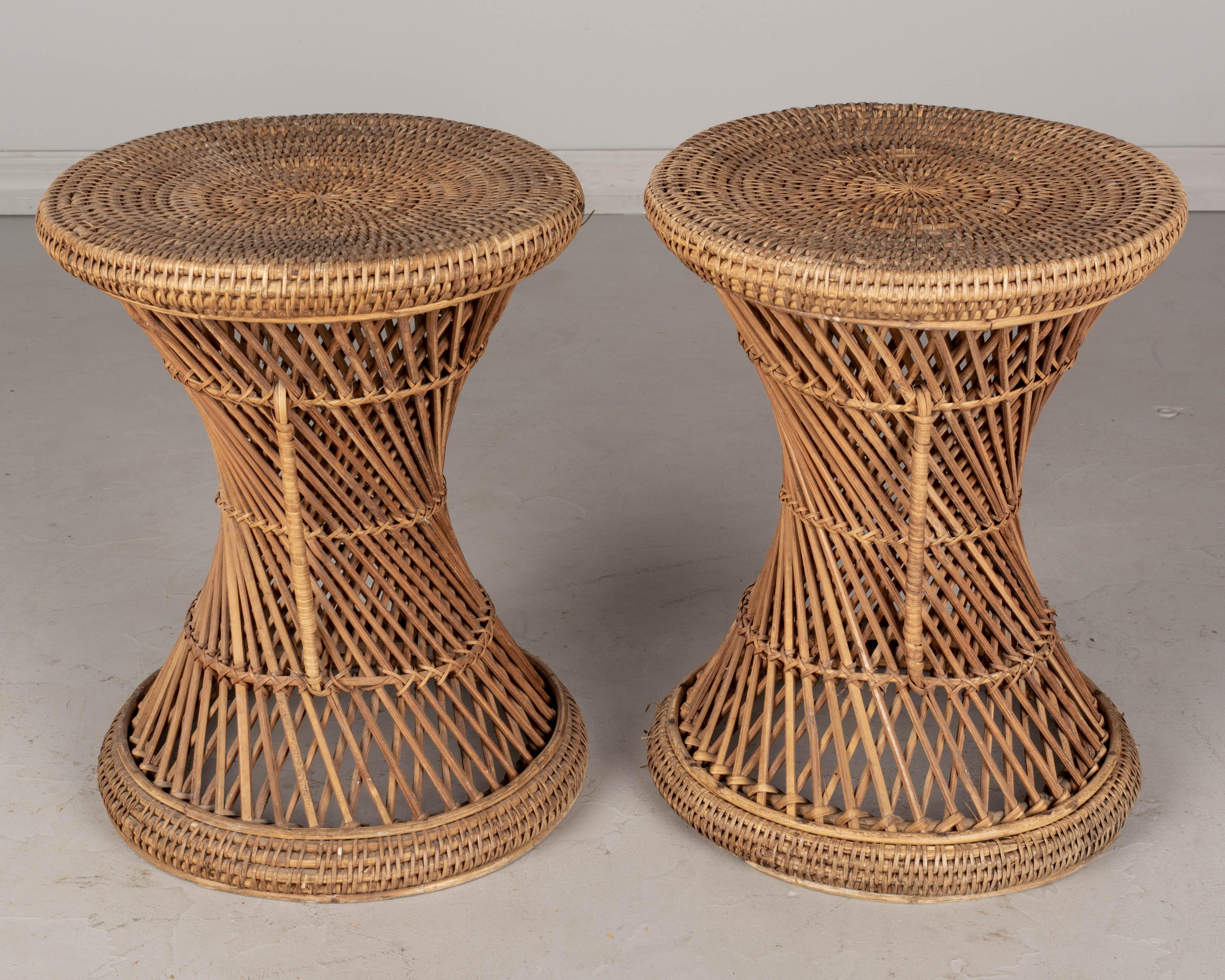 Bohemian Vintage French Rattan Side Tables Pair
