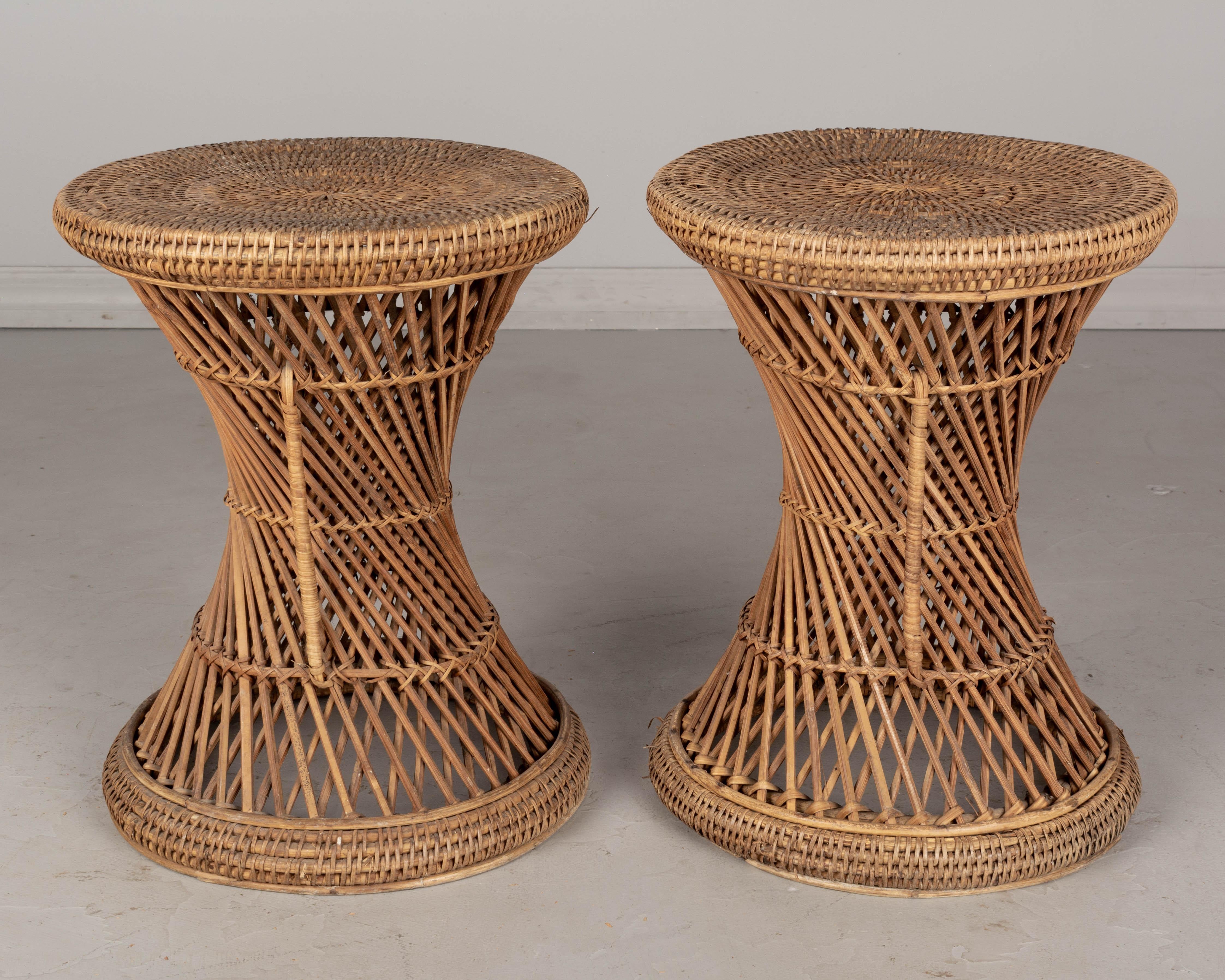 Hand-Crafted Vintage French Rattan Side Tables Pair