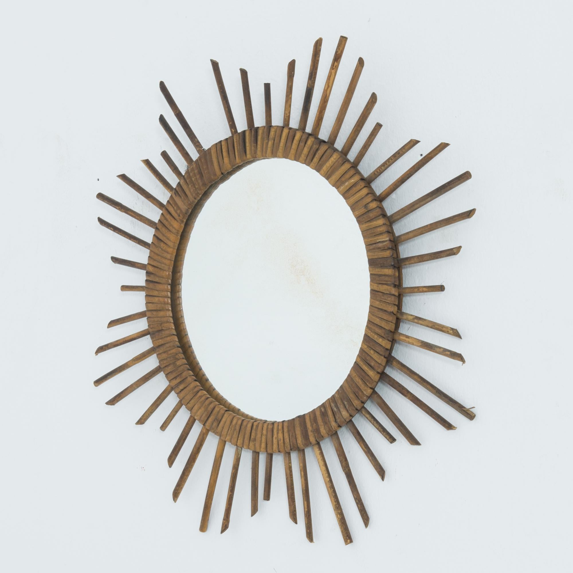 Mid-Century Modern Vintage French Rattan Sunburst Mirror