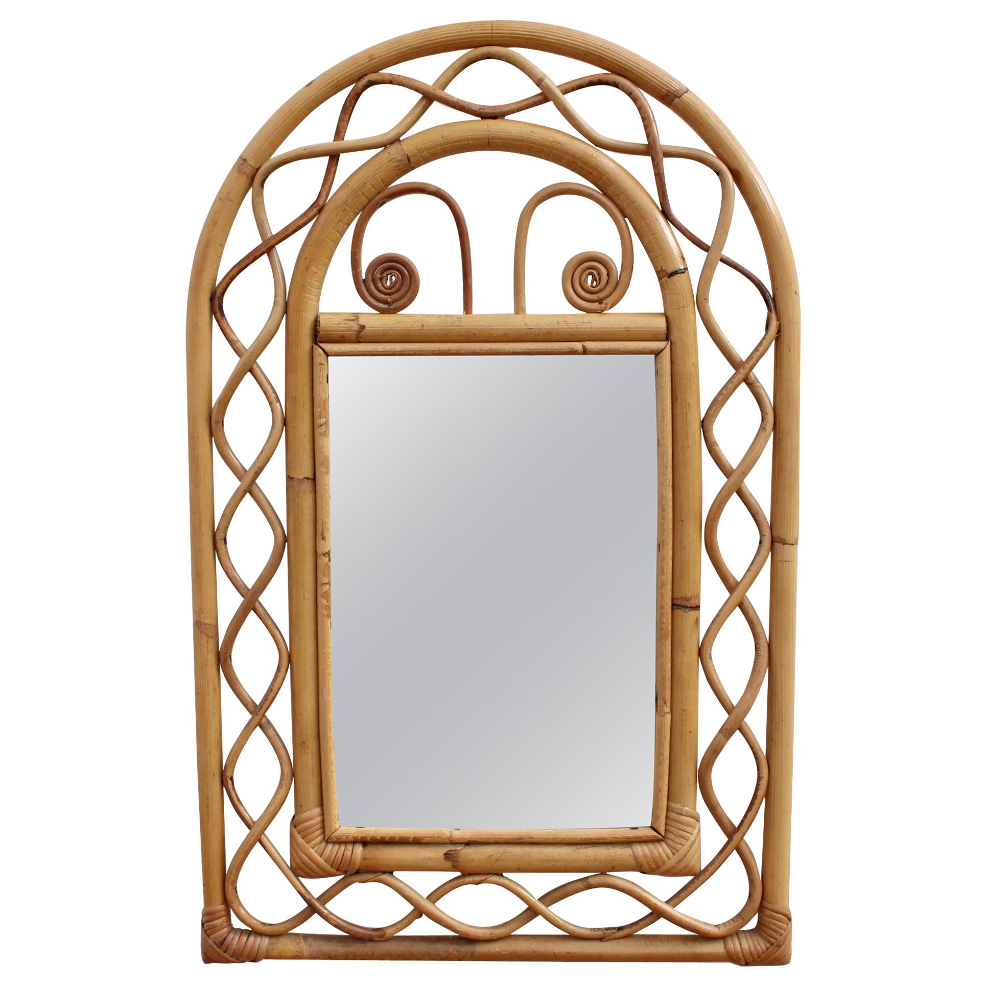 Midcentury French Riviera Oval Bamboo and Rattan Italian Wall Mirror