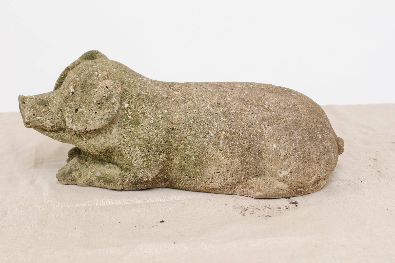 Vintage French Reclining Stone Pig Sculpture from the Early 20th Century 1