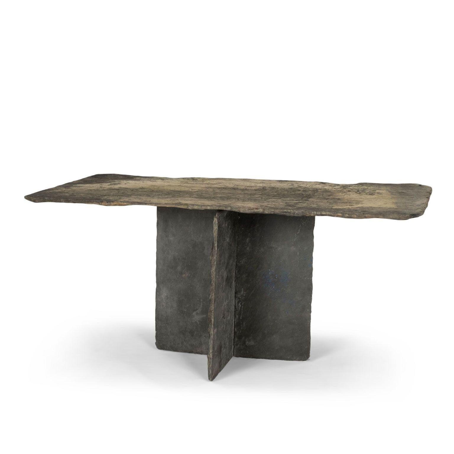 Vintage French rectangular-top slate low console table, raised upon two-piece straight-edge slate base. Lichen and patina from outdoor use covered one side of top (both sides shown in images). Patina and lichen can be removed and slate given a