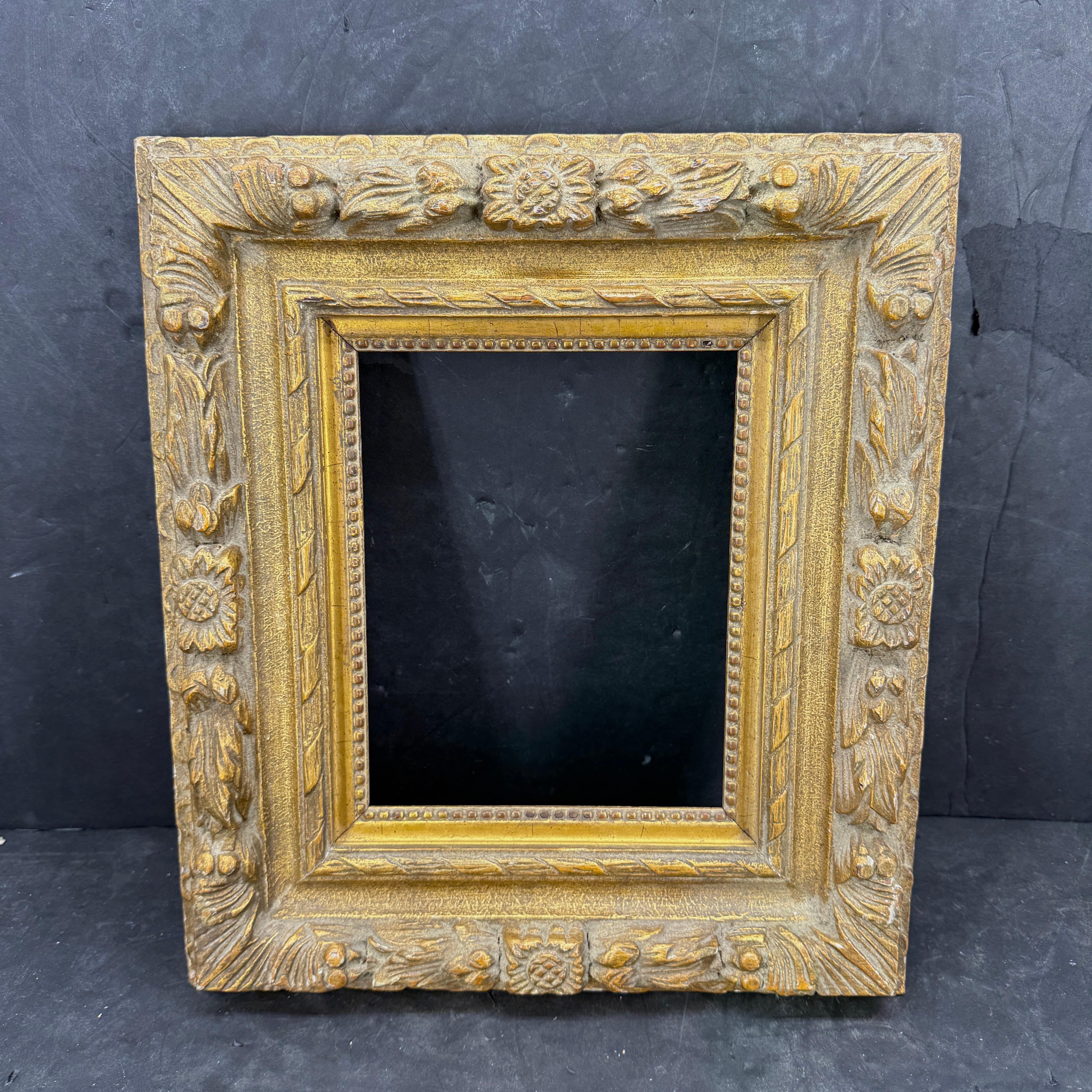 Very charming painted and carved gilt gold art frame found in a Paris market. Perfect piece for that special oil painting or watercolor. The frame has fantastic patina with throughout.
Inside measurements: 8x10 inches either vertical or horizontal.