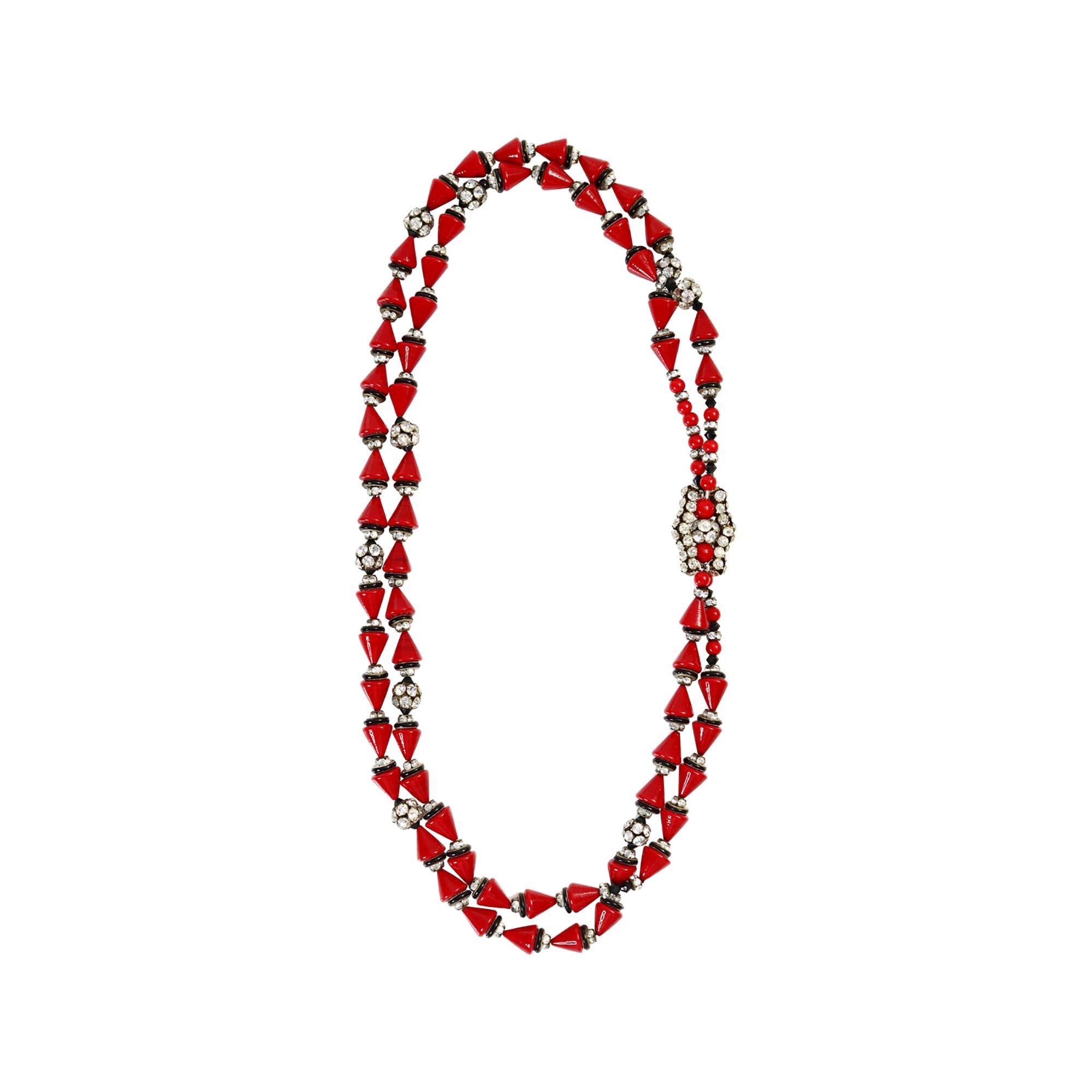 da uomo o donna Collana vintage francese con perline rosse e rondelle in oro e nero CIRCA 1960 in vendita
