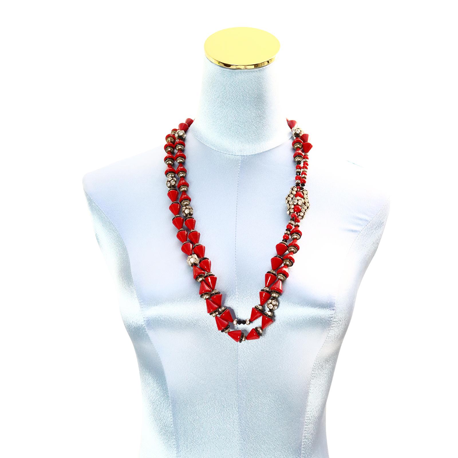 Vintage French Red Cone and Rondelles with Gold and Black Spacers Necklace. This 1960s double strand is such a beauty with so many elements coming together to make the beautiful clasp of diamante and a rondelle necklace. 29