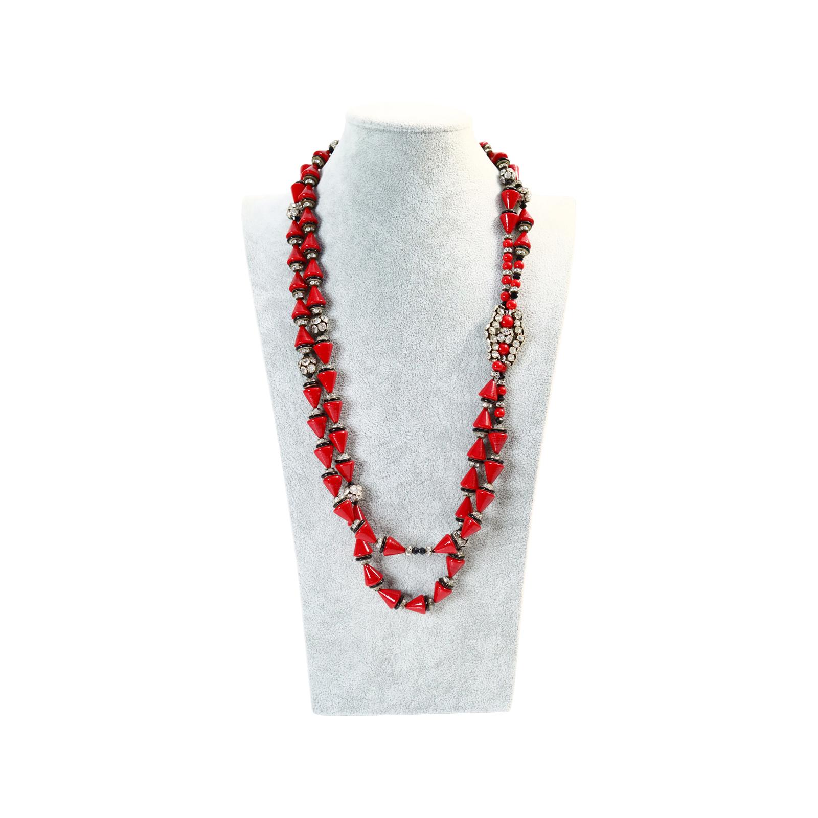 Modern Vintage French Red Cone and Rondelles with Gold and Black Necklace Circa 1960s For Sale