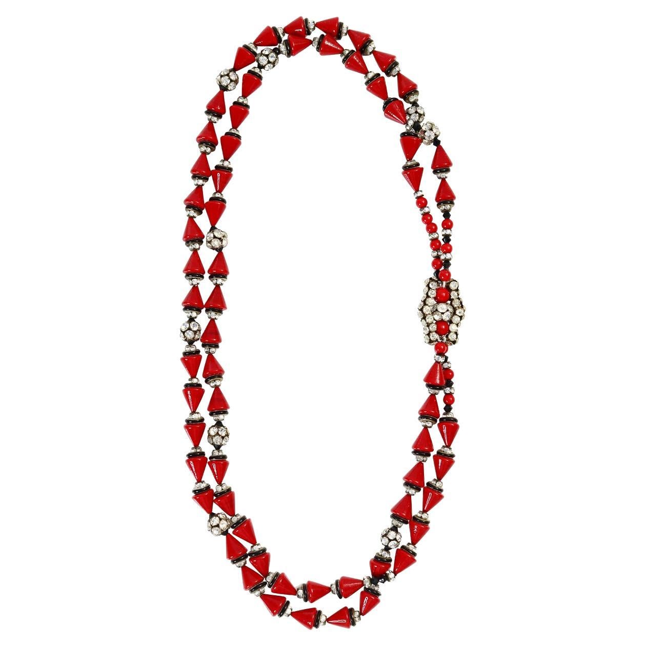Vintage French Red Beaded With Rondelles Gold and Black Necklace Circa 1960s In Good Condition For Sale In New York, NY