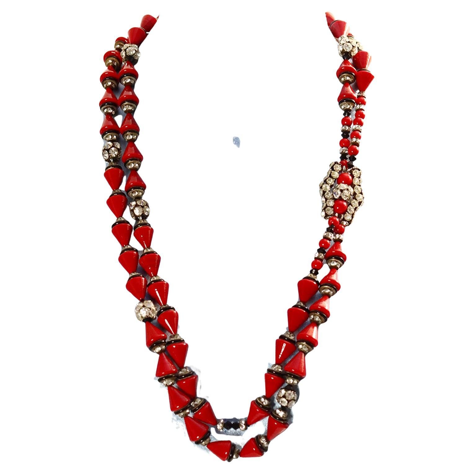 Vintage French Red Beaded With Rondelles Gold and Black Necklace Circa 1960s