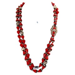 Vintage French Red Cone and Rondelles with Gold and Black Necklace Circa 1960s