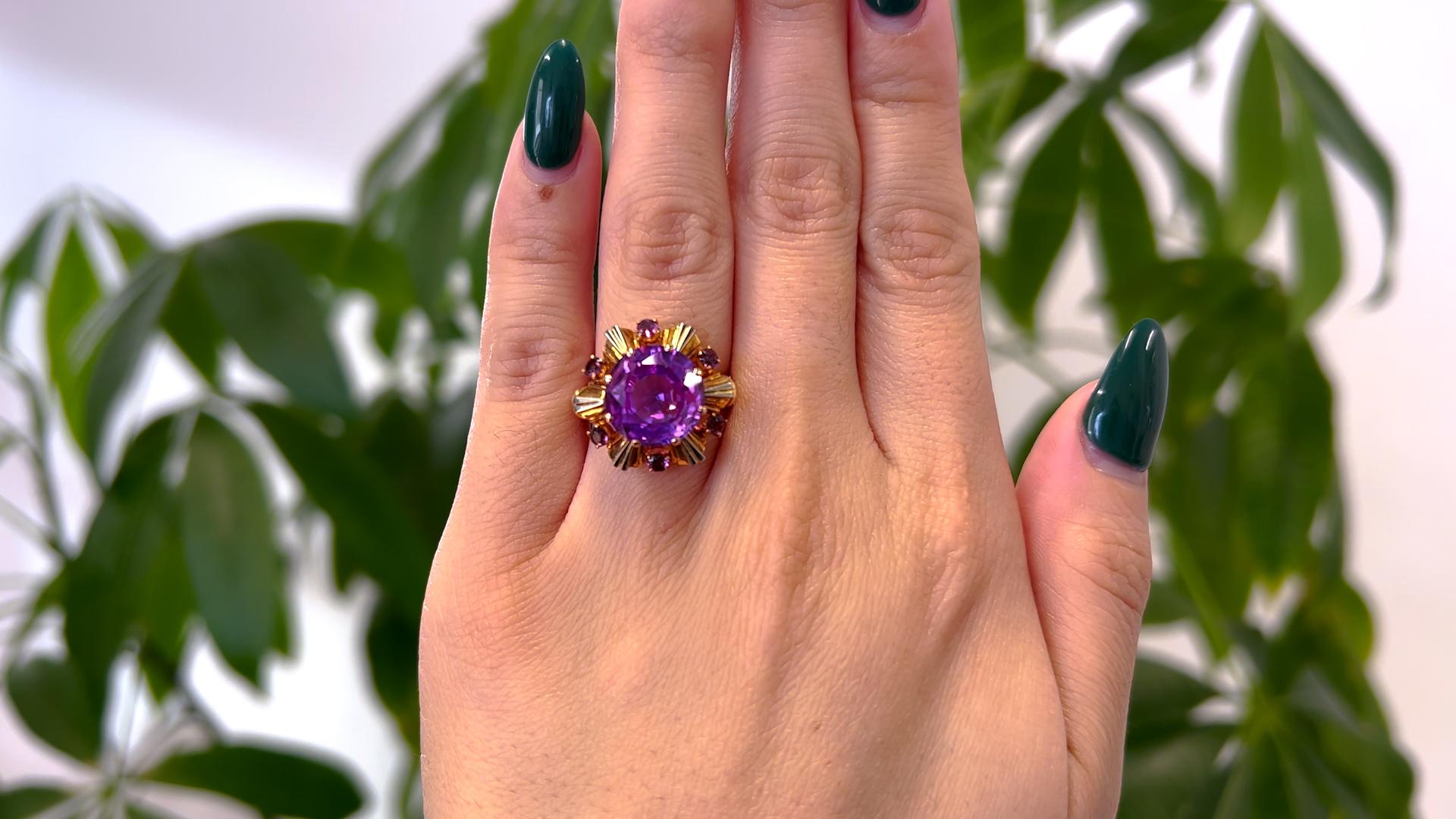 Mixed Cut Vintage French Reddish Purple Synthetic Sapphire 18k Yellow Gold Cocktail Ring For Sale