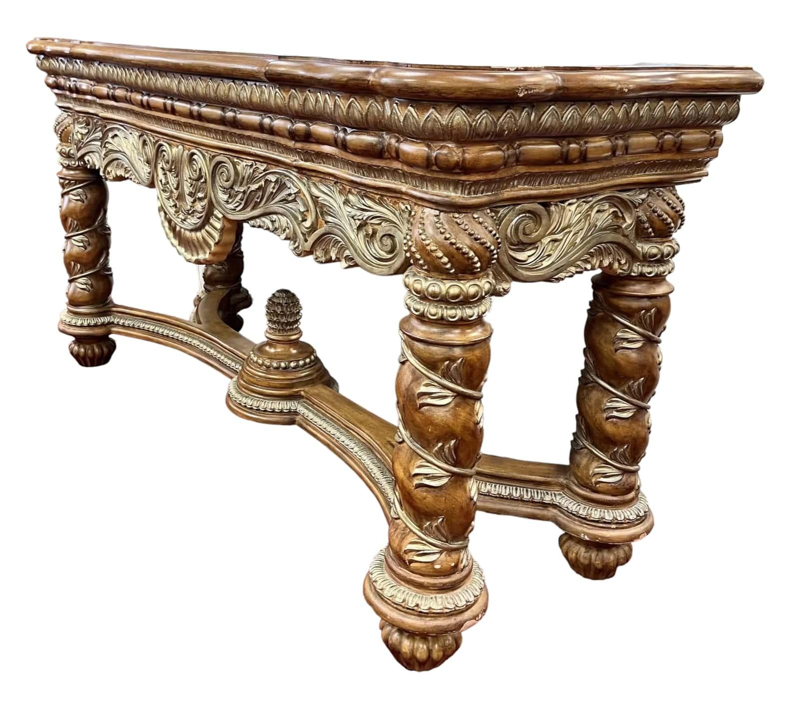 Make a statement in your grand foyer with this French Regence Country-style console table. Crafted from solid hardwood, this commanding piece will be the focal wherever it is placed. 