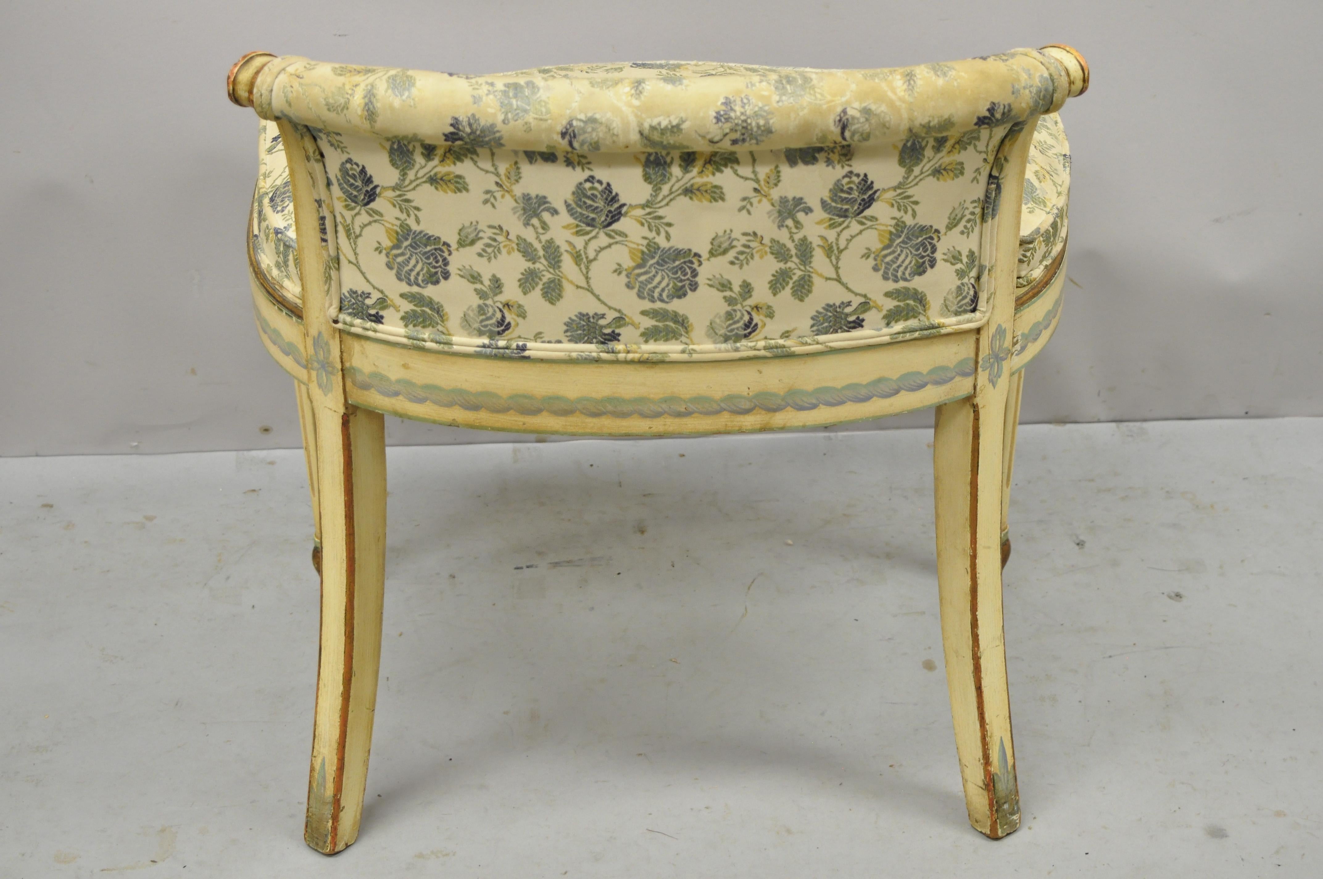 Vintage French Regency Art Deco Cream Blue Distress Painted Vanity Bench Chair 4