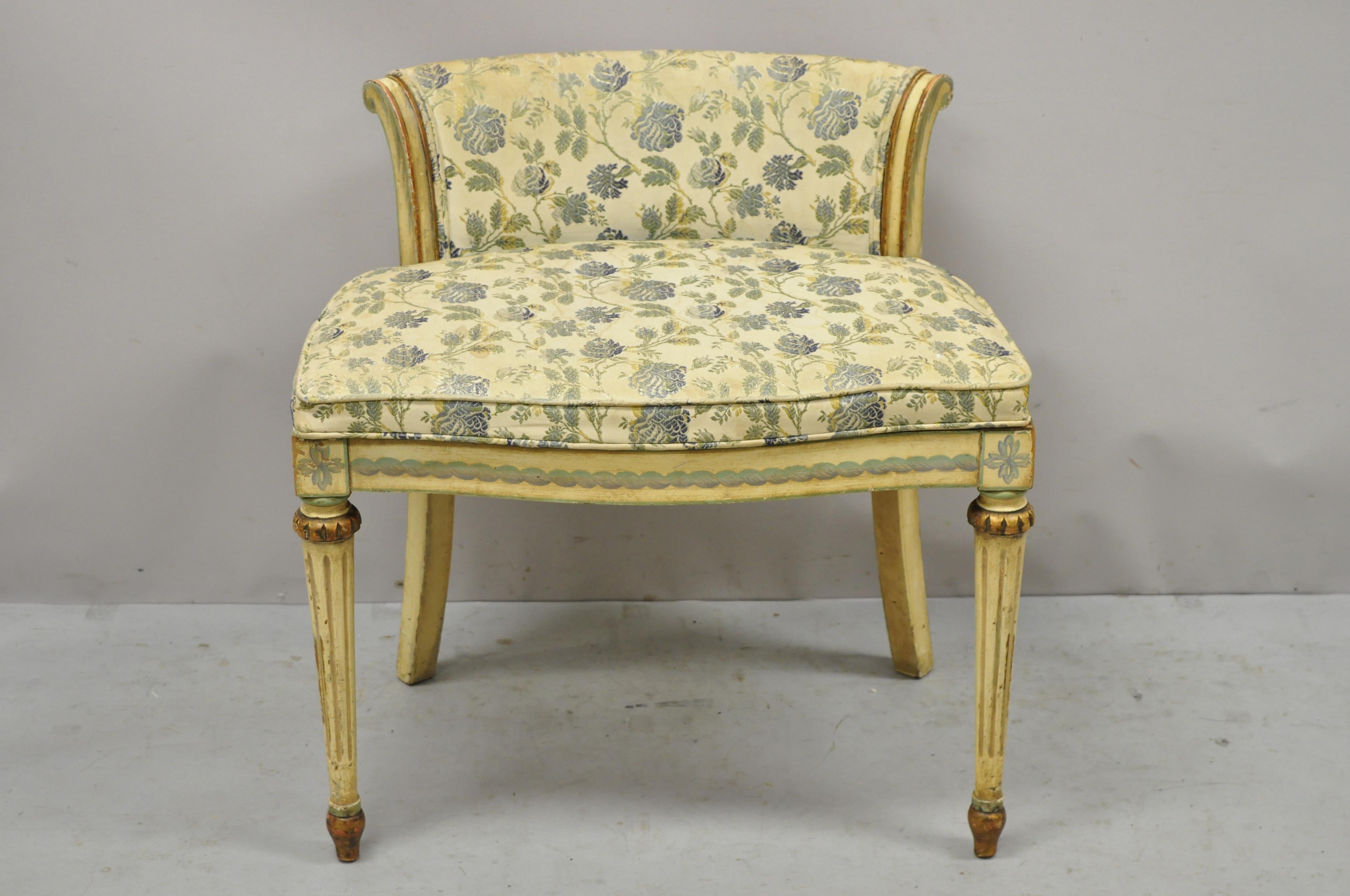 Vintage French Regency Art Deco cream and blue distress painted vanity bench chair. Item features polychrome distress painted frame, rolled back, solid wood frame, tapered legs, very nice antique item, quality craftsmanship, great style and form.