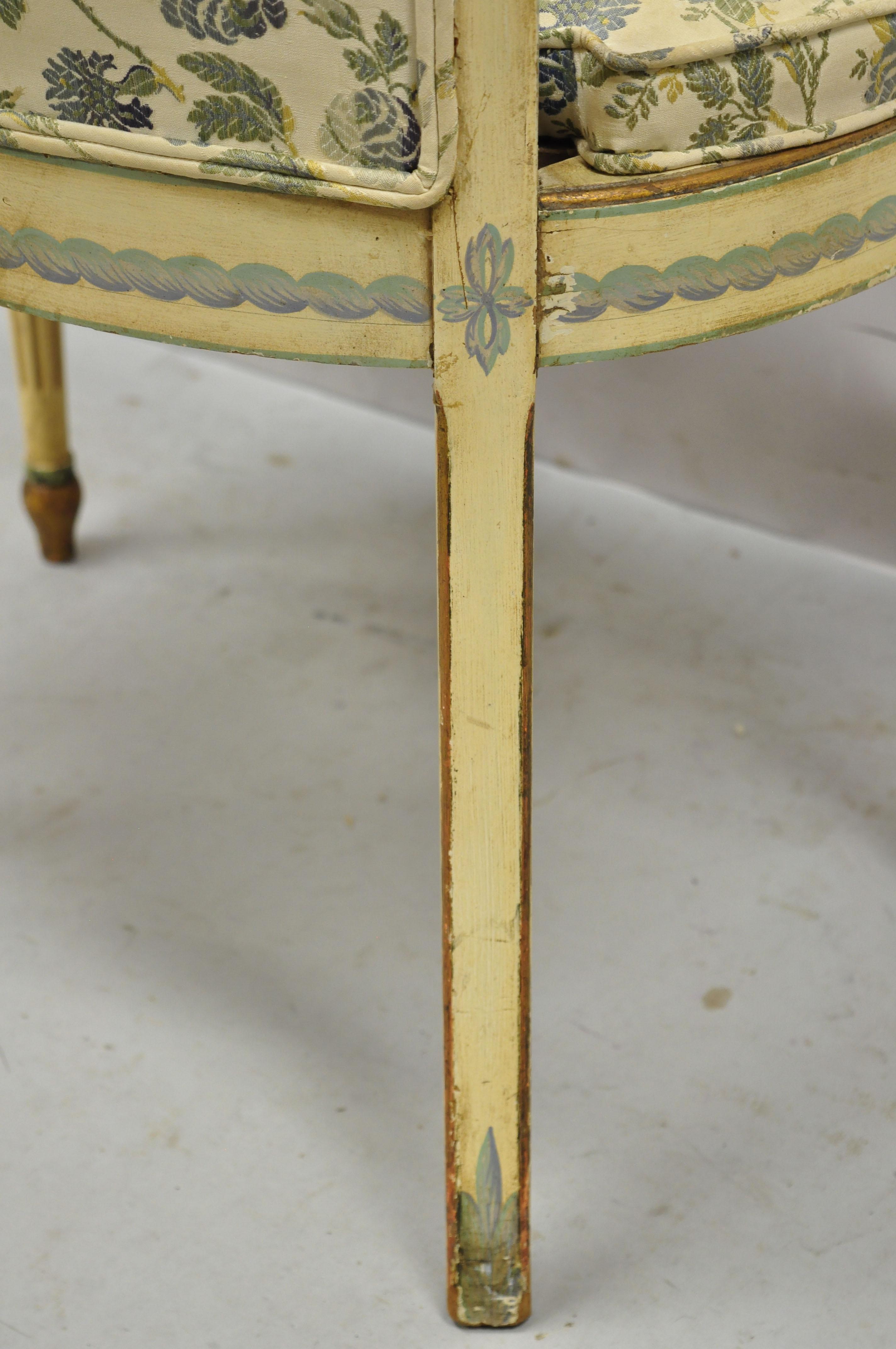 Vintage French Regency Art Deco Cream Blue Distress Painted Vanity Bench Chair 3
