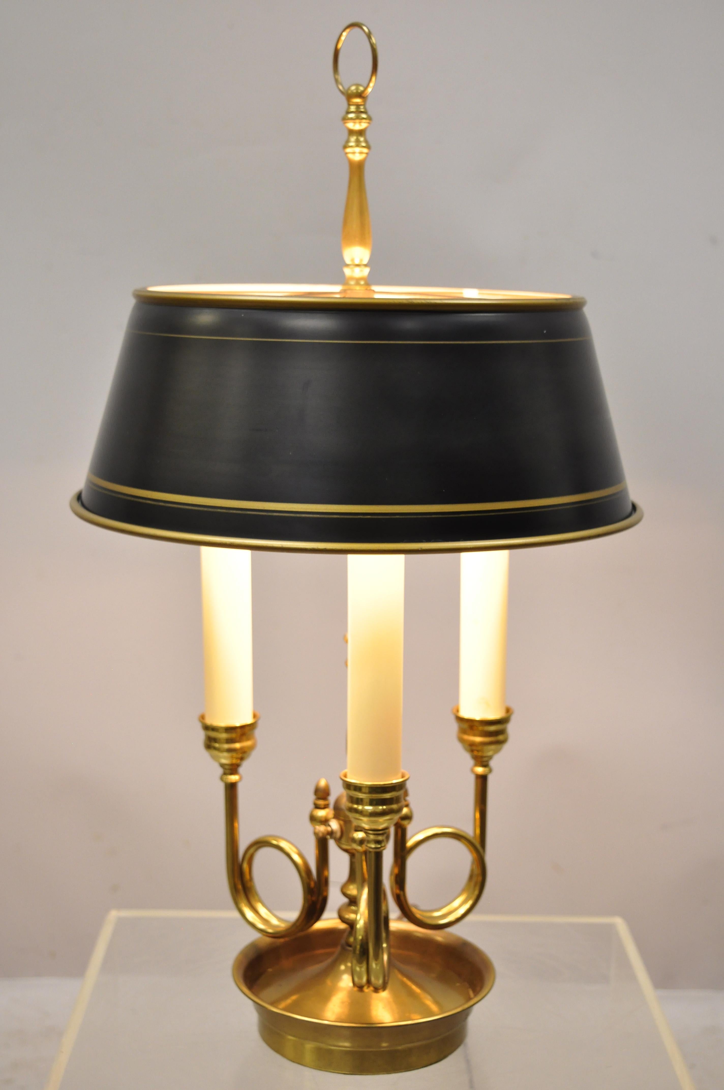 Vintage French Regency Empire style tole metal brass Bouillotte trumpet desk table lamp. Item features black tole metal shade, 3 