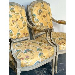 Vintage French Regency Fauteuils With Embroidered Jacquard Uoholdtery - A Pair