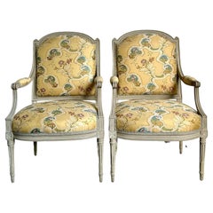 Vintage French Regency Fauteuils With Embroidered Jacquard Uoholdtery - A Pair