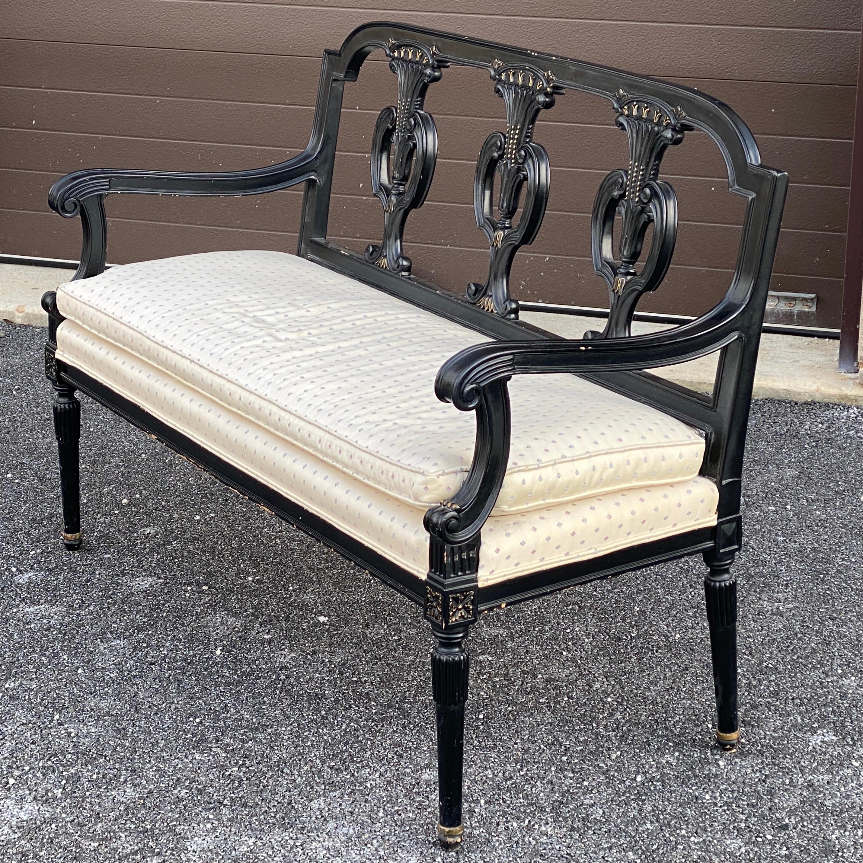 Tissu d'ameublement Banc vintage de style Régence française Louis XVI en bois ébénisé