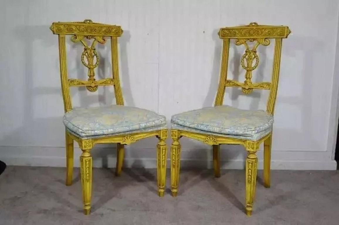 Vintage French Regency Louis XVI Yellow Carved Wood Dining Chairs - Set of 6 For Sale 4