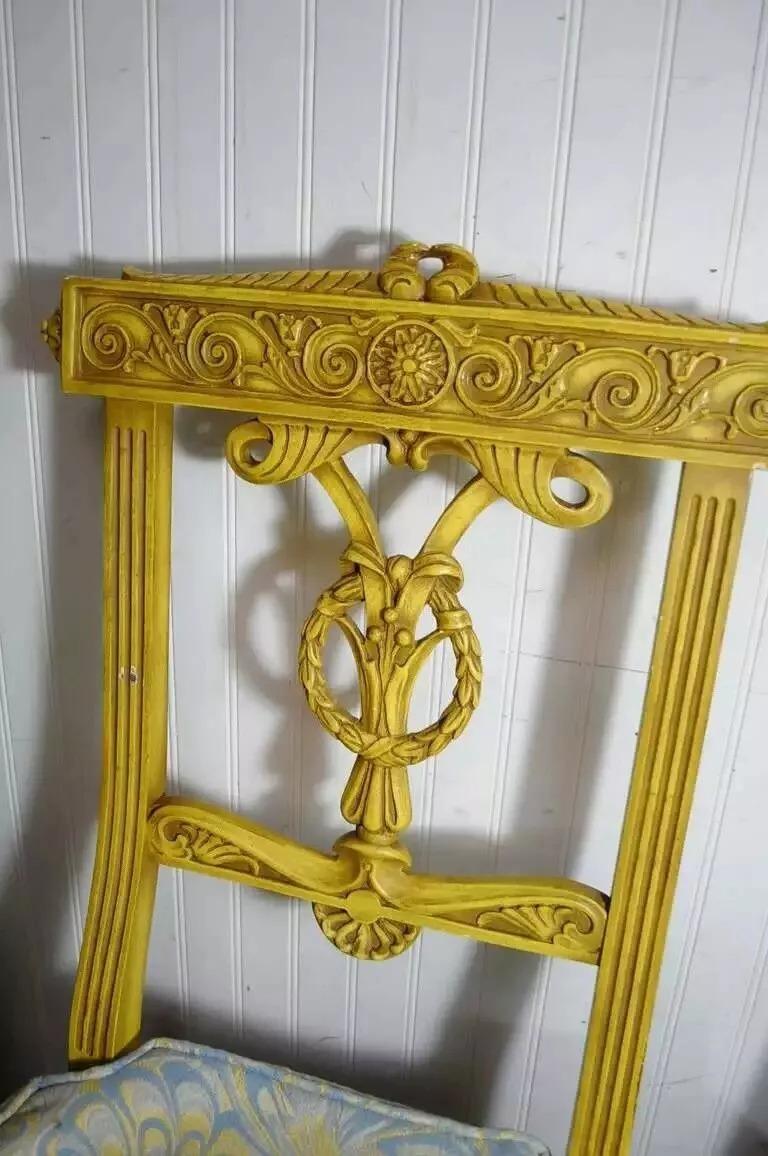 Vintage French Regency Louis XVI Style Yellow Carved Wood Dining Chairs - Set of 6. Circa Mid 20th Century. Measurements: (4) Side chairs: 39