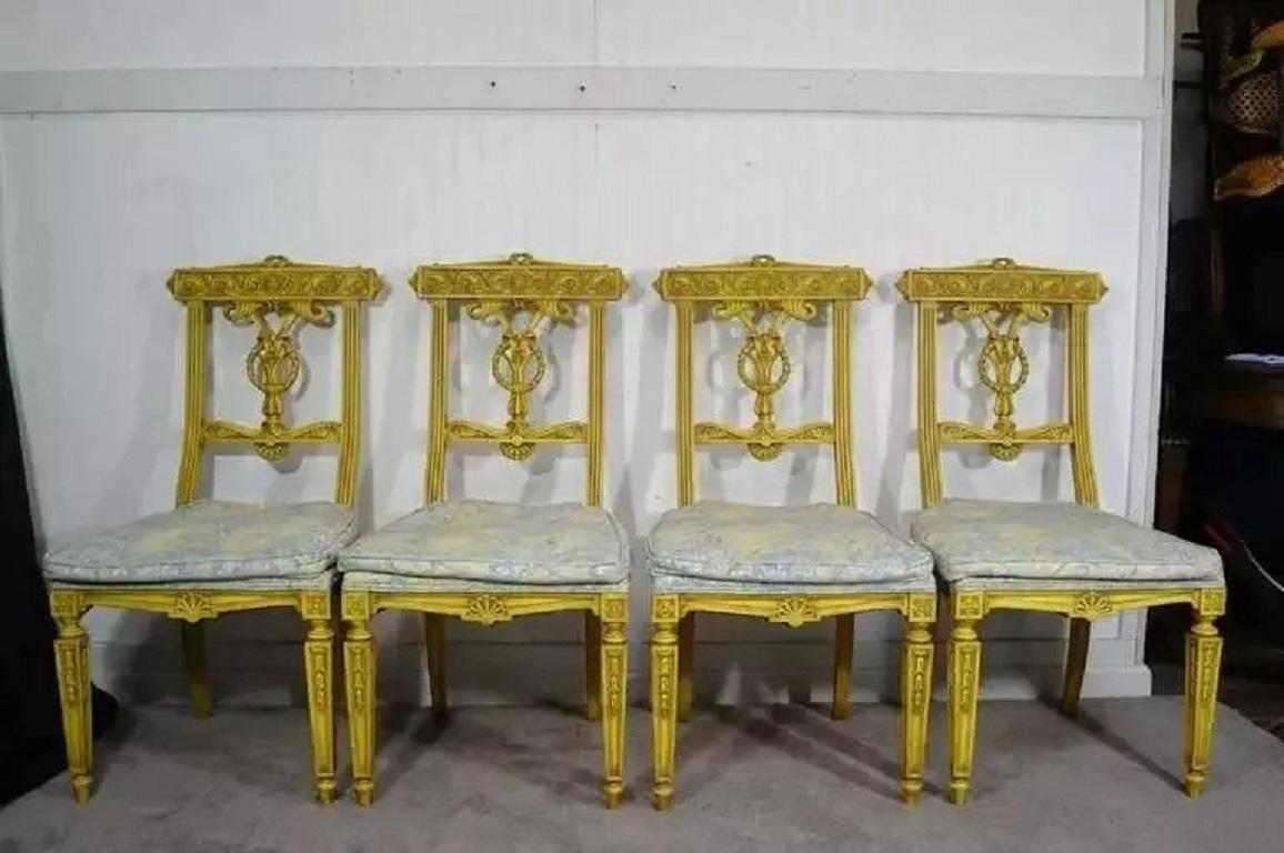 Unknown Vintage French Regency Louis XVI Yellow Carved Wood Dining Chairs - Set of 6 For Sale