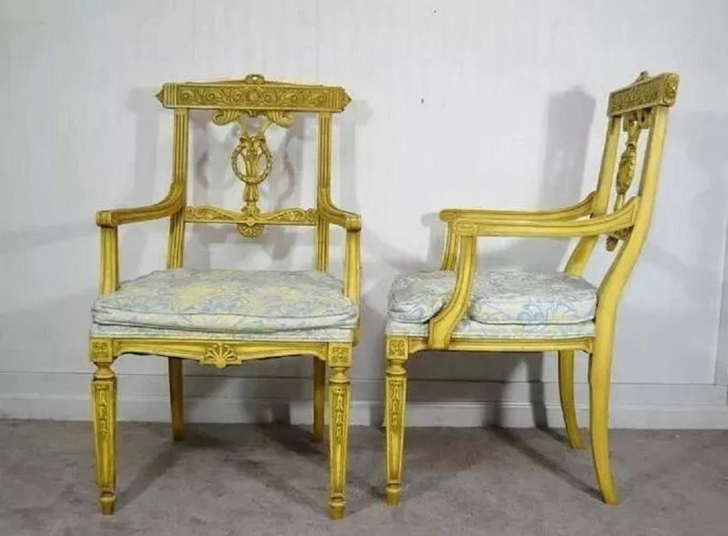 Vintage French Regency Louis XVI Yellow Carved Wood Dining Chairs - Set of 6 In Good Condition For Sale In Philadelphia, PA